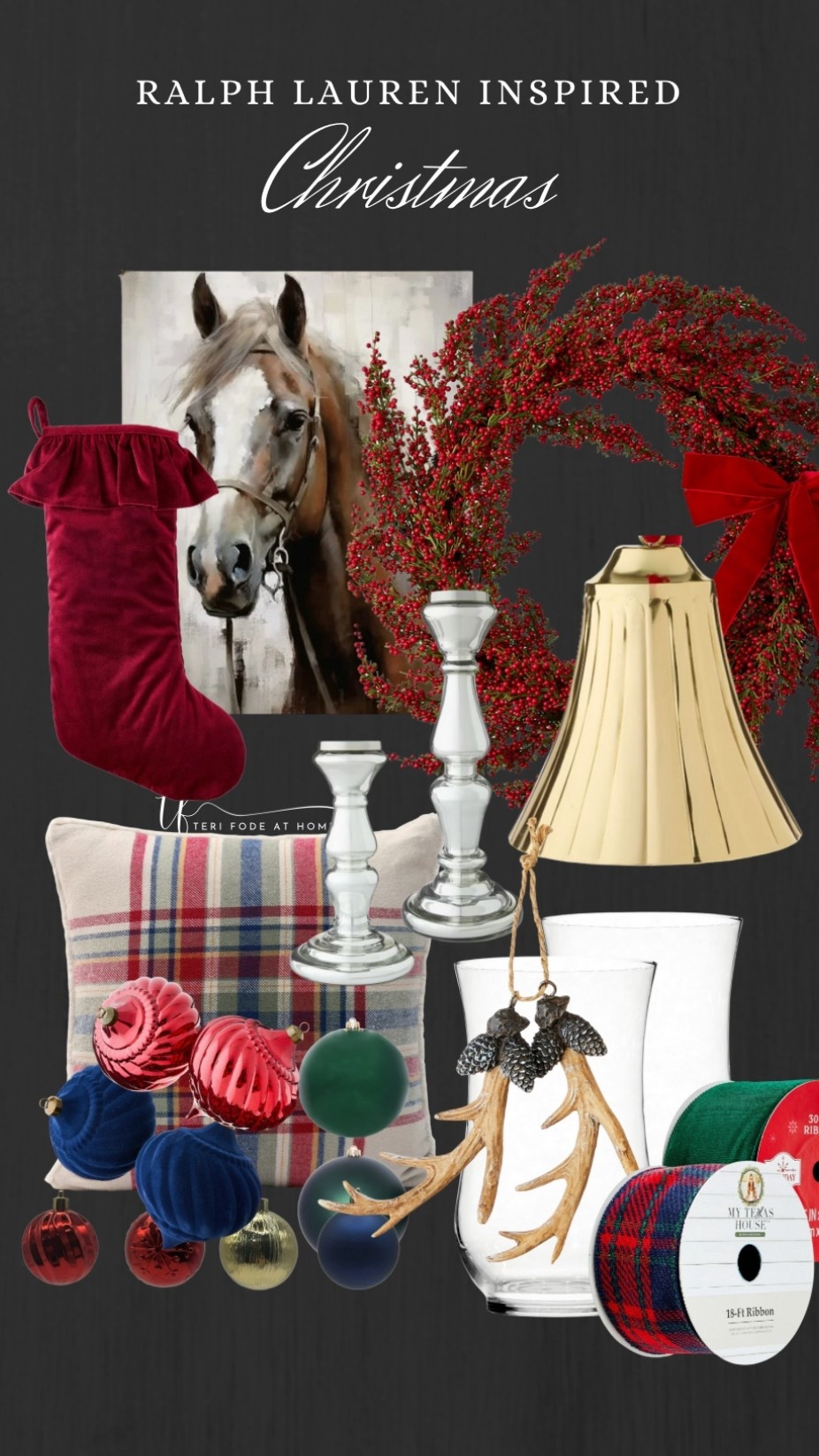 A Ralph Lauren inspired Christmas at Walmart! Plaid pillow, silver candle holder, burgundy velvet stocking, hurricane candle holders, antler ornaments, navy ornaments, burgundy ornaments, hunter green ornaments,  elves ribbon, navy plaid ribbon, brass bell, berry wreath 

#LTKHoliday #LTKSeasonal #LTKHome