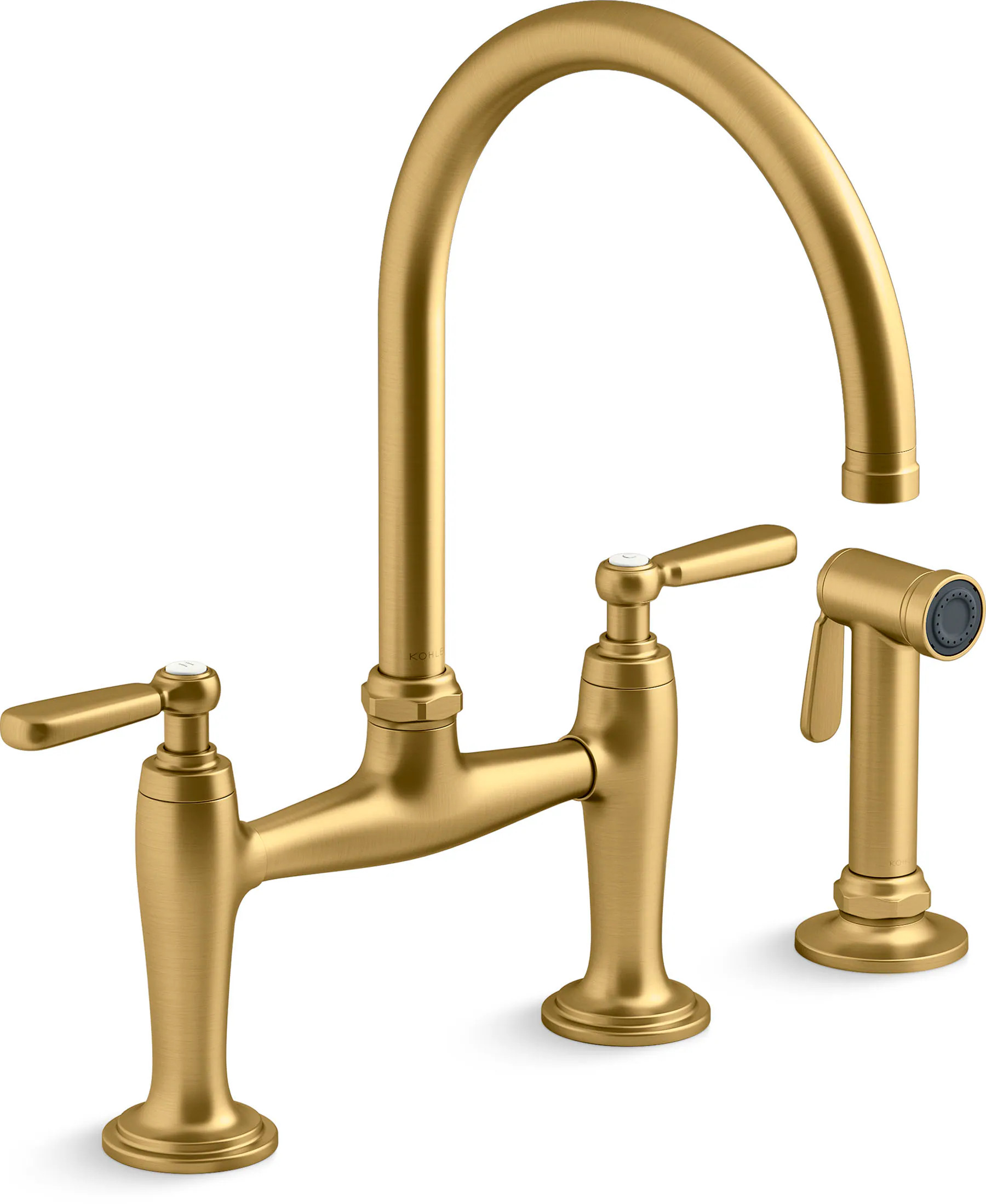 KOHLER Edalyn by Studio McGee Vibrant Brushed Moderne Brass Double Handle Bridge Kitchen Faucet with Side Spray Included | 28356-2MB | Lowe's