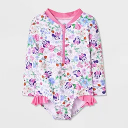 Baby Girls' Floral Minnie One Piece Rash Guard - Pink 9M | Target