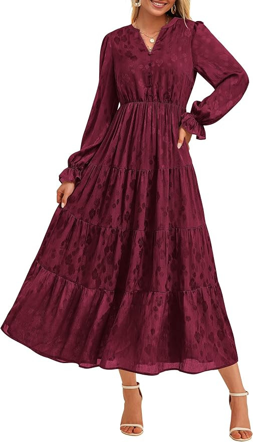 KIRUNDO Spring Wedding Guest Dresses for Women 2026 Maxi Floral Long Sleeve Elegant Ruffle Tiered... | Amazon (US)
