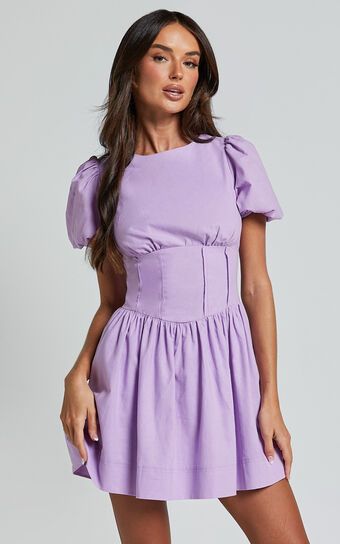 Kerthina Mini Dress - Scoop Neck Short Puff Sleeve Fit and Flare Dress in Lilac | Showpo (US, UK & Europe)