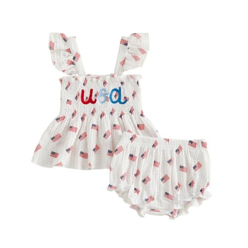 Seyurigaoka Toddler Baby Girl 4th of July Outfits Ruffle Sleeveless Top Bloomers Shorts Infant Fourth Of July Clothes (USA White, 18-24 Months) | Amazon (US)