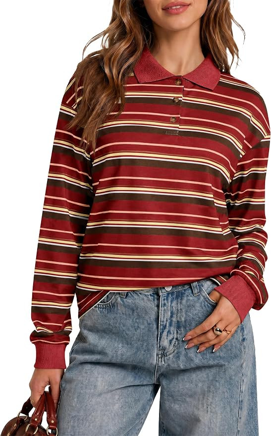 Tankaneo Womens Striped Long Sleeve Polo Shirts Casual Oversized Tops | Y2K, Rugby, Streetwear, L... | Amazon (US)