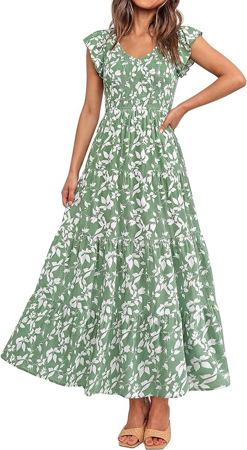 PRETTYGARDEN Women's Summer Flowy Maxi Dress Casual Cap Sleeve V Neck Smocked Beach Sundress | Amazon (US)