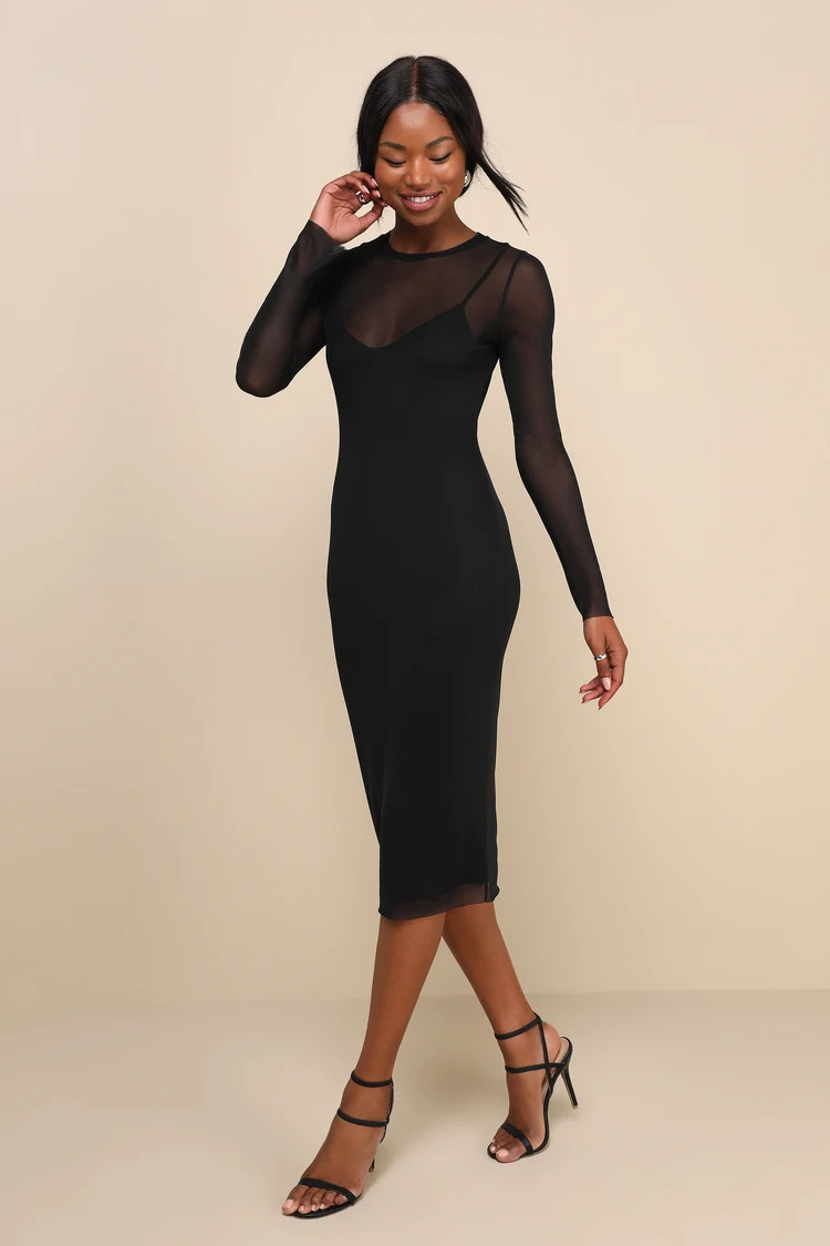 Perfect Plans Black Sheer Mesh Long Sleeve Midi Dress | Lulus