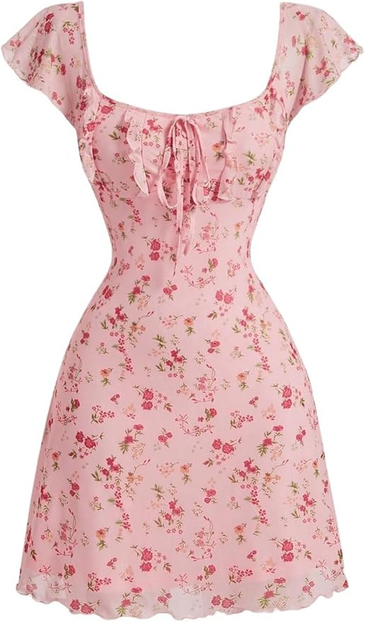 Floerns Women's Floral Print Cap Sleeve Dress Square Neck Tie Front Summer A Line Cute Mini Dress... | Amazon (US)