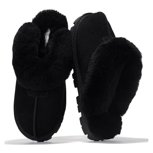 Project Cloud 100% Genuine Leather & Australian Shearling Slippers for Women - Cozy Memory Foam Women's Slippers (Hedy, Black, 7.5) | Amazon (US)