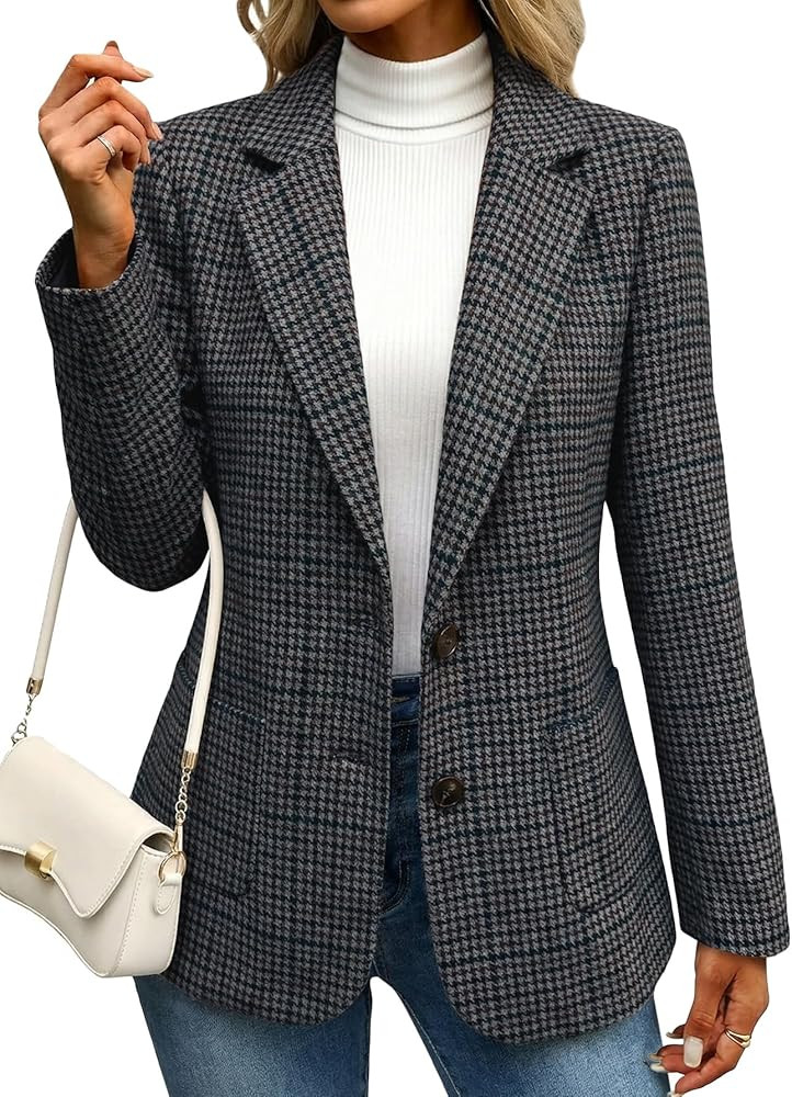 Mina Self 2026 Women's Tweed Houndstooth Blazer - Plaid Fully Lined Work Casual Office Jackets Su... | Amazon (US)