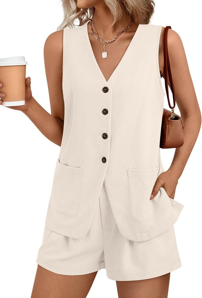 AUTOMET Summer Sets for Women Two Piece Vacation Outfits Short Set Button Down Business Casual Dr... | Amazon (US)