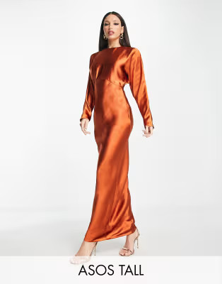 ASOS DESIGN Tall satin batwing bias cut maxi dress in rust | ASOS (Global)
