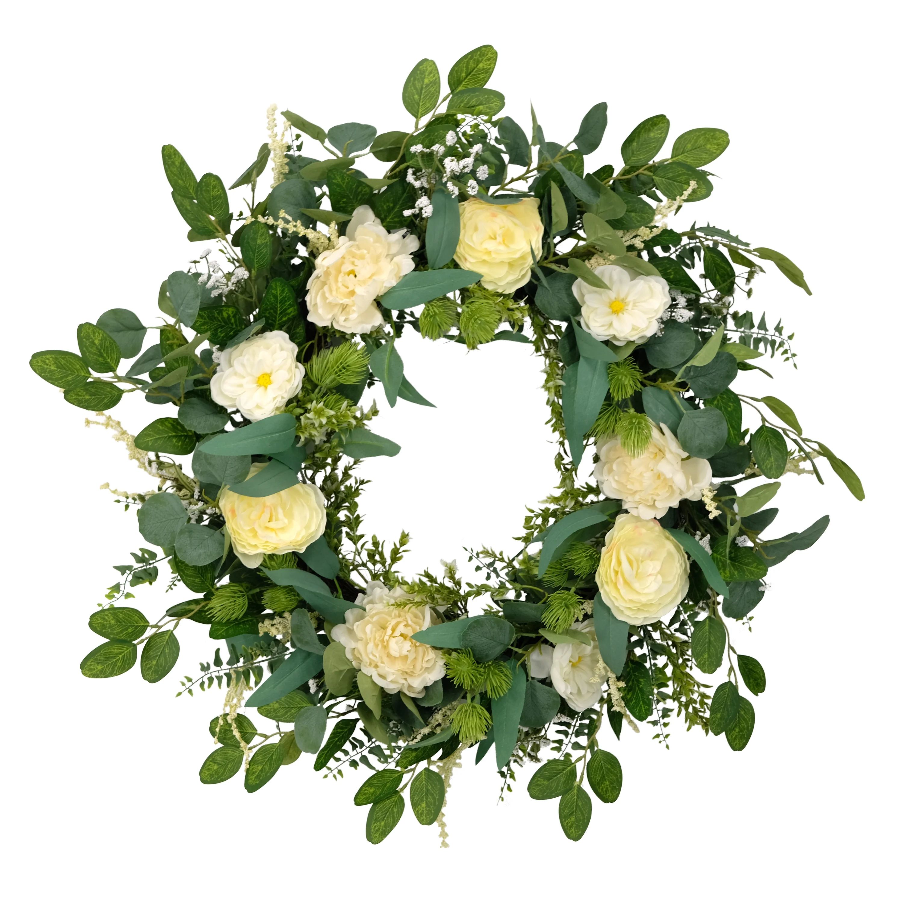 Puleo International 30" Artificial Eucalyptus Floral Spring Door Wreath, Green/Ivory | Walmart (US)