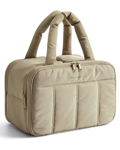 BAGSMART Travel Toiletry Bag, Puffy Large Toiletry Bag for Women, Lightweight Cosmetic Makeup Bag Organizer with Handle for Traveling, Accessories, Essentials, Toiletries (Grayish Brown) | Amazon (US)
