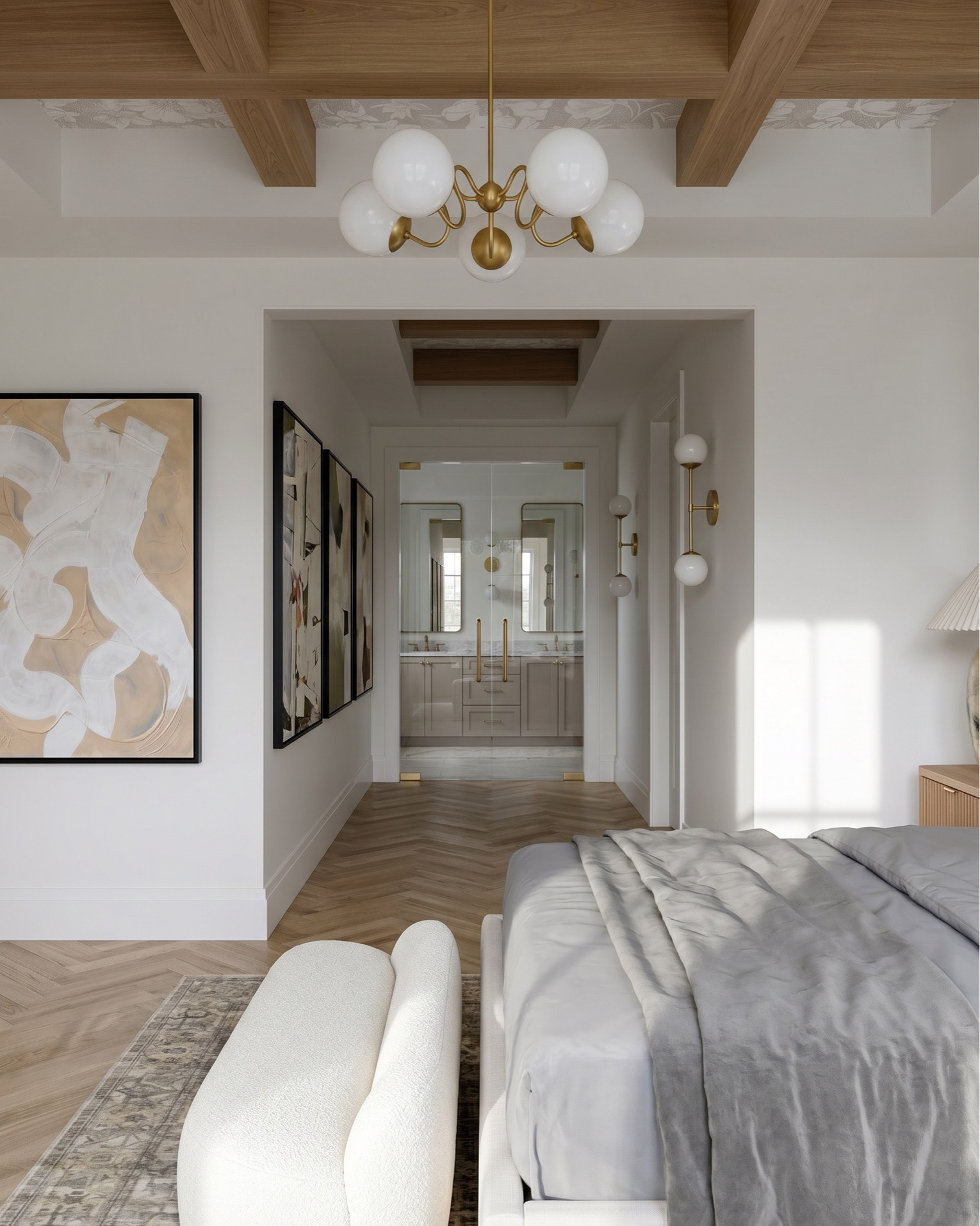 Shop the look:
* Upholstered platform bed
* Boucle bedroom bench
* Fluted wood nightstands
* Light oak six-drawer dresser
* Neutral vintage-style area rug
* Brass globe chandelier
* Brass double globe wall sconces
* Ornate gold wall mirrors
* Abstract black wall art
* Floral ceiling wallpaper
* Exposed natural wood ceiling beams
* Ceramic pleated table lamp
* White textured bedding
* Olive green knit throw blanket
* Green geometric accent pillow
* Decorative floral vase
* Modern ceramic decor vase
* Minimalist candle decor
* Mounted flat-screen TV
* Herringbone hardwood flooring
* Neutral upholstered bench seating
* Contemporary bedroom decor accessories
* Warm modern organic home decor
* Neutral coloured wall art
* Decor books
* Decorative brass tray

#LTKsale #LTKhome #LTKstyletip