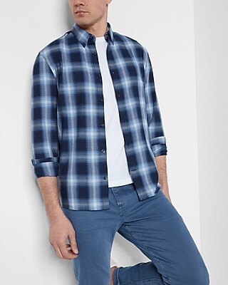 Slim Plaid Herringbone Denim Shirt | Express