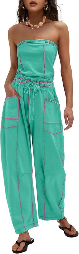 LAMISSCHE Womens Casual Strapless Jumpsuits off the Shoulder Summer Rompers Sleeveless One Piece ... | Amazon (US)