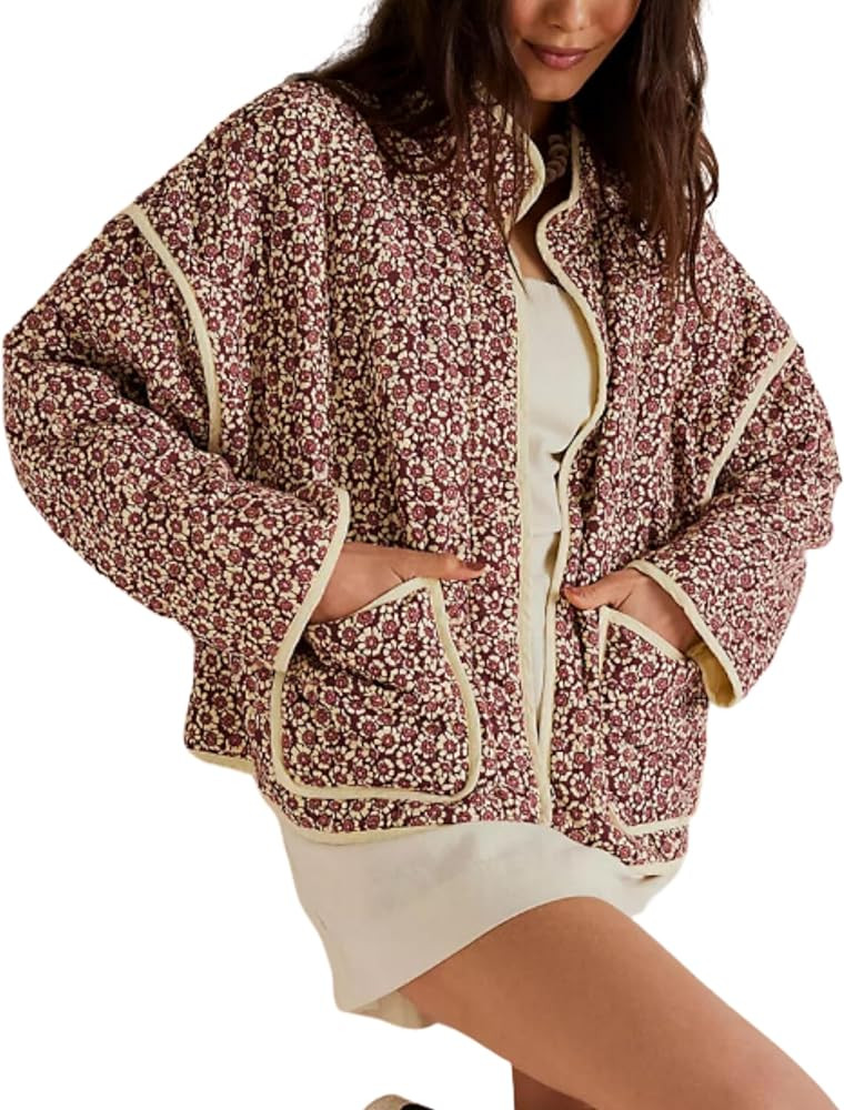 Meyhad Womens Cropped Quilted Lightweight Jackets Floral Printed Open Front Puffer Coat Cardigan | Amazon (US)