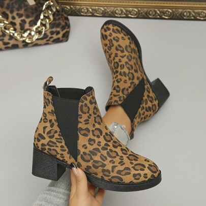 Leopard Print Double-Sided Elastic High Heel Boots, Leopard Pattern Women Ankle Boots, Slip-On Short Boots For Autumn | SHEIN