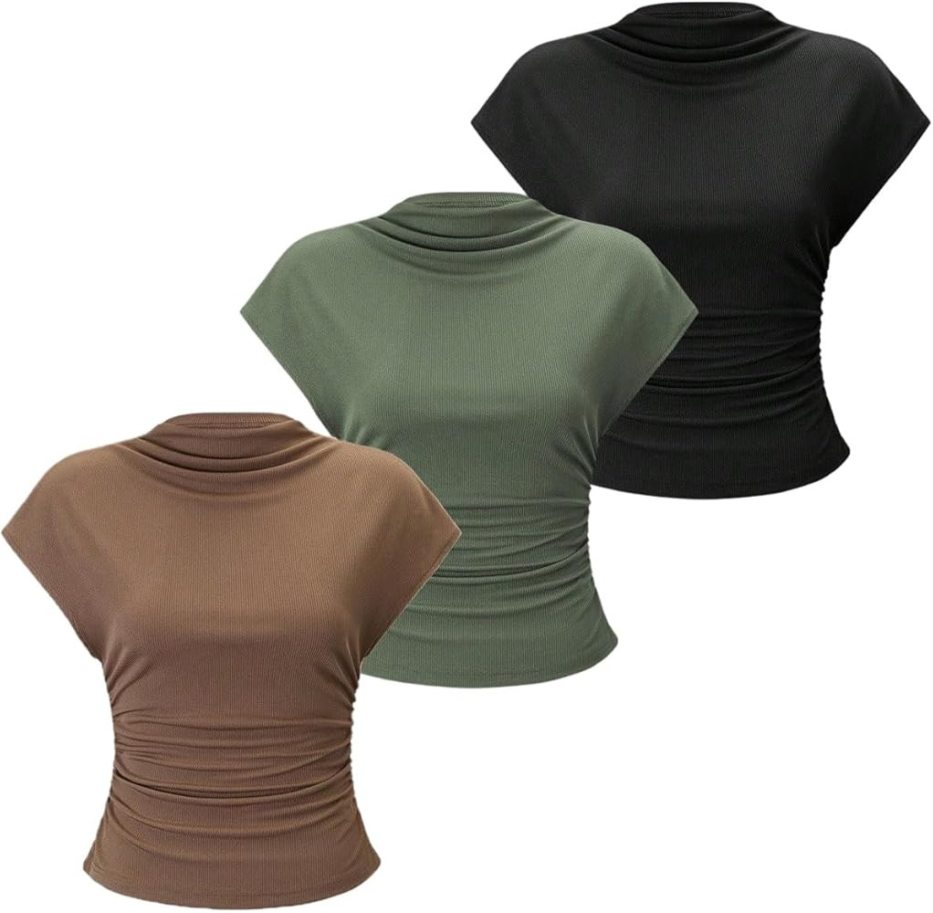 OYOANGLE Women's 3 Pack Business Casual Outfits Mock Neck Ribbed Tank Tops Work Shirts | Amazon (US)