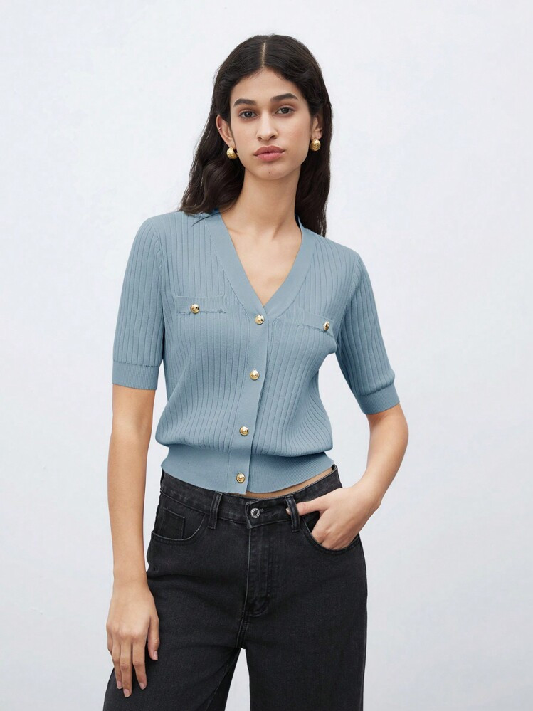 SHEIN BIZwear Casual Solid Color V-Neck Buttoned Women Knitted Top | SHEIN USA | SHEIN