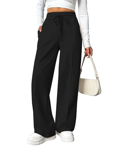 PINSPARK Women Wide Leg Sweatpants Elastic High Waisted Drawstring Casual Pants Straight Leg Long Pant with Pockets Black M | Amazon (US)