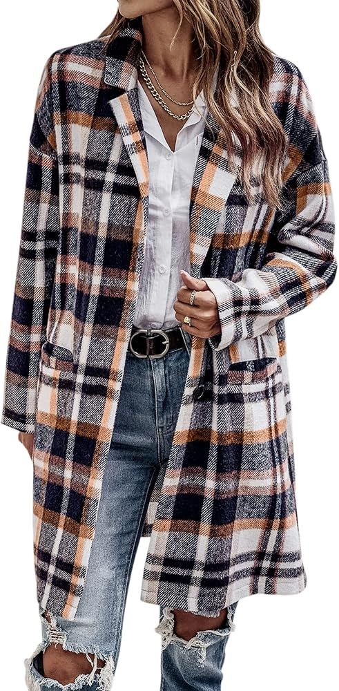 CCTOO Shacket Jacket Women Plaid Long Flannel Lapel Long Sleeve Button Down Shirt Jacket Coats wi... | Amazon (US)