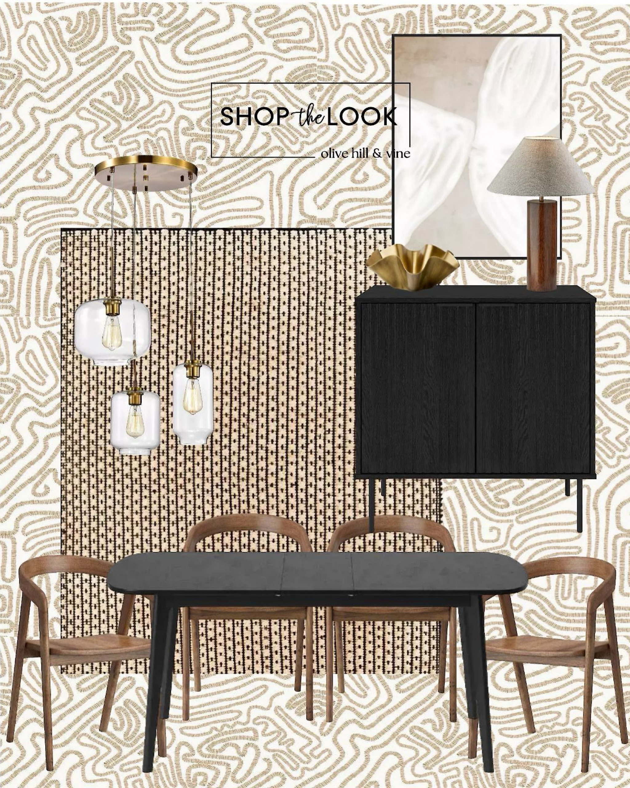 Discover the epitome of modern luxury with our black and taupe dining room, enhanced by gold accents and bold designs. A 3-light Warehouse of Tiffany chandelier casts a warm glow, highlighting the wavy gold bowl and striking sketched pattern wallpaper. The black mid-century table pairs perfectly with these classic wood chairs featuring curved backrests, while a bar cabinet with fluted doors and abstract artwork add sophistication. 

#LTKHome #LTKFamily #LTKStyleTip