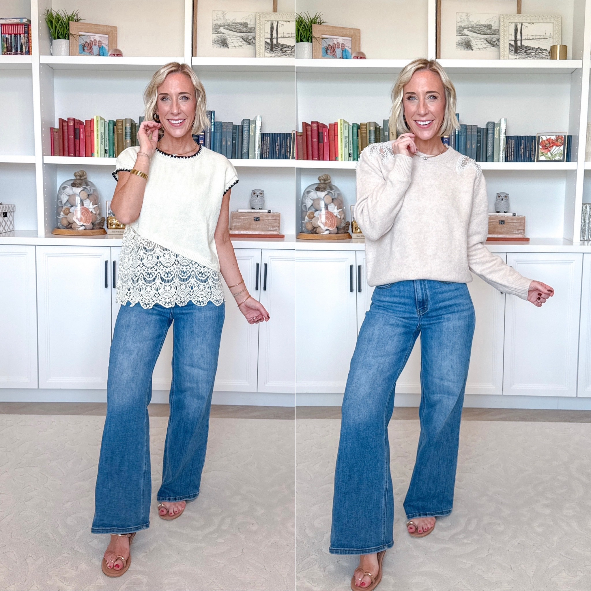 Amazon - unboxing my latest finds.  Asymmetrical Lace Trim Short Sleeve Sweater - size small. * Wide Leg Jeans - size 25. (Color: C-inseam 30"-medium Blue). Pearl & Lace Inset Cozy Sweater - size small. 10 colors. 

#LTKSeasonal#LTKOver40#LTKPetite