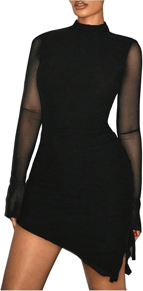 SHENHE Women's Mock Neck Ruched Drawstring Slit Long Sleeve Mesh Sexy Bodycon Mini Dress | Amazon (US)