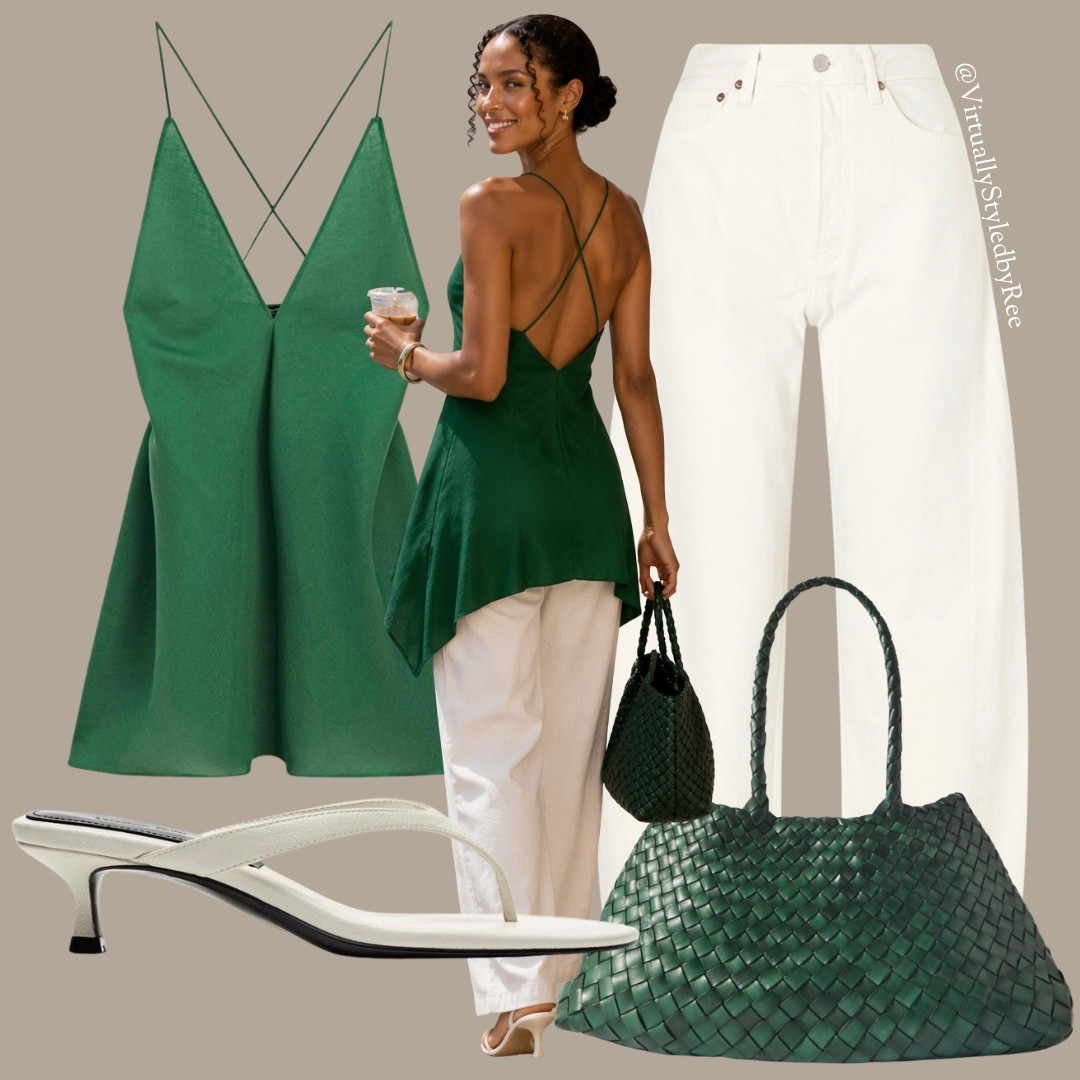 EURO SUMMER OUTFIT INSPO ✨
• Green asymmetric cami
• White tapered jeans
• Kitten heel flip-flops
• Woven leather tote
The easiest elevated look for vacations / holidays, brunch, or warm summer evenings. Everything is linked in my LTK. 🌿🤍

#LTKsummer #LTKuk #LTKeurope