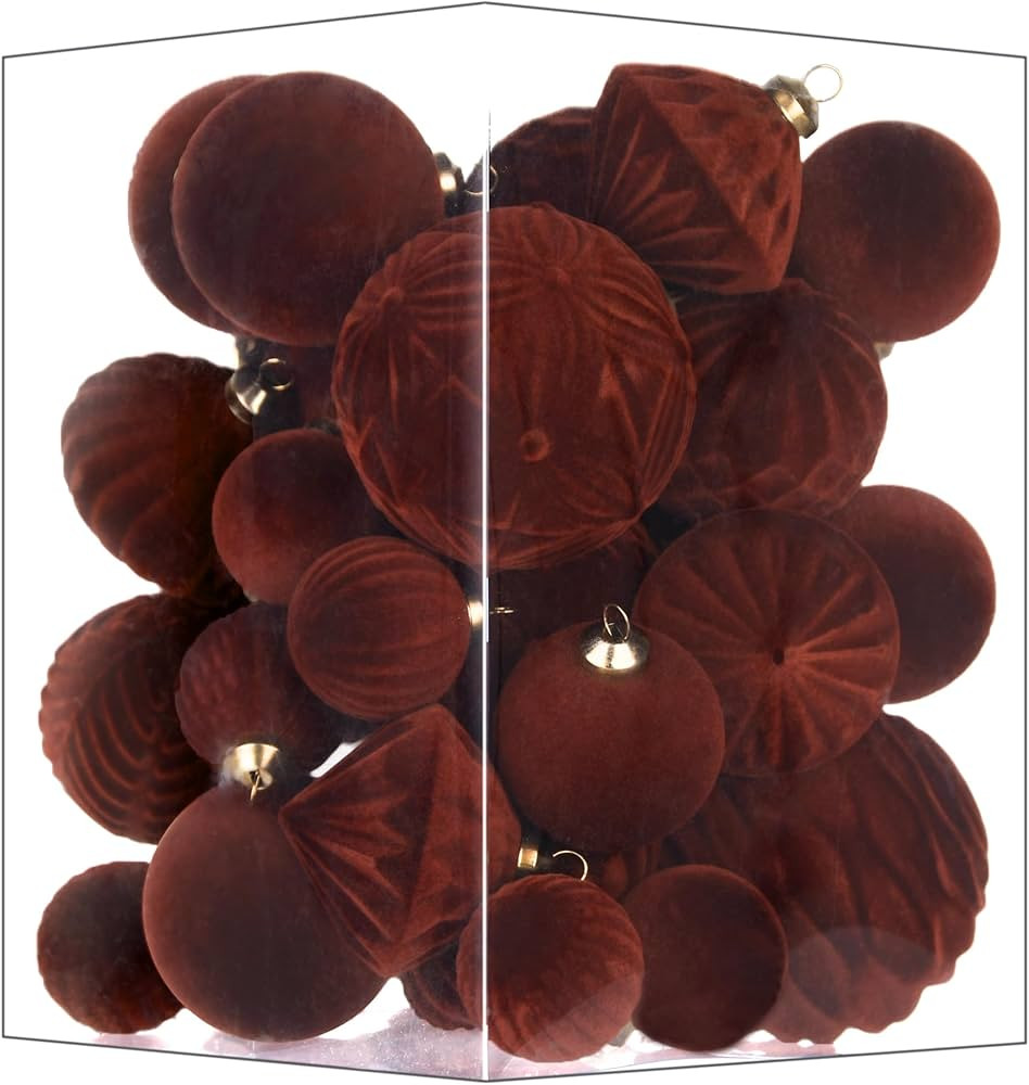 Flocked Ornaments for Christmas Tree Decorations - 35pcs Deep Brown Velvet Ball Ornament for Wint... | Amazon (US)