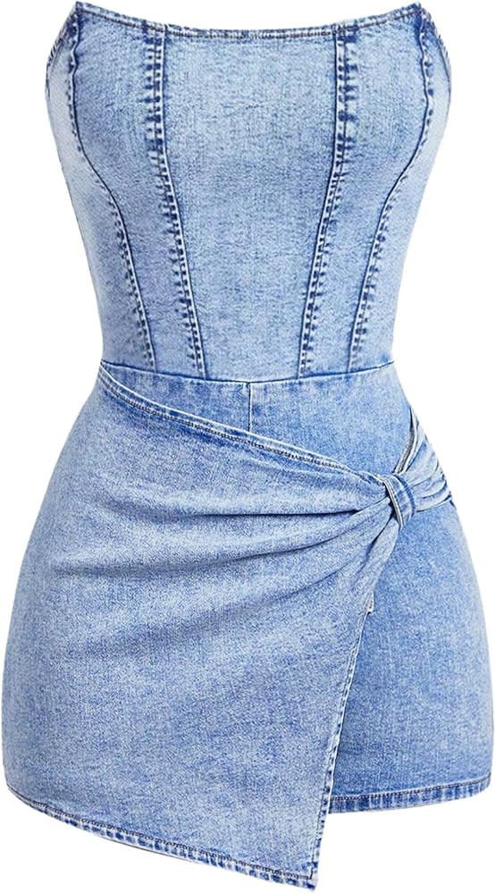 SOLY HUX Women's Y2k Tube Top Denim Romper Wrap Strapless Bodycon Short Jumpsuits | Amazon (US)