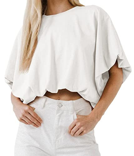 Women's Summer Crewneck Crop Tops Short Sleeve Casual Loose Cropped T Shirts White | Amazon (US)