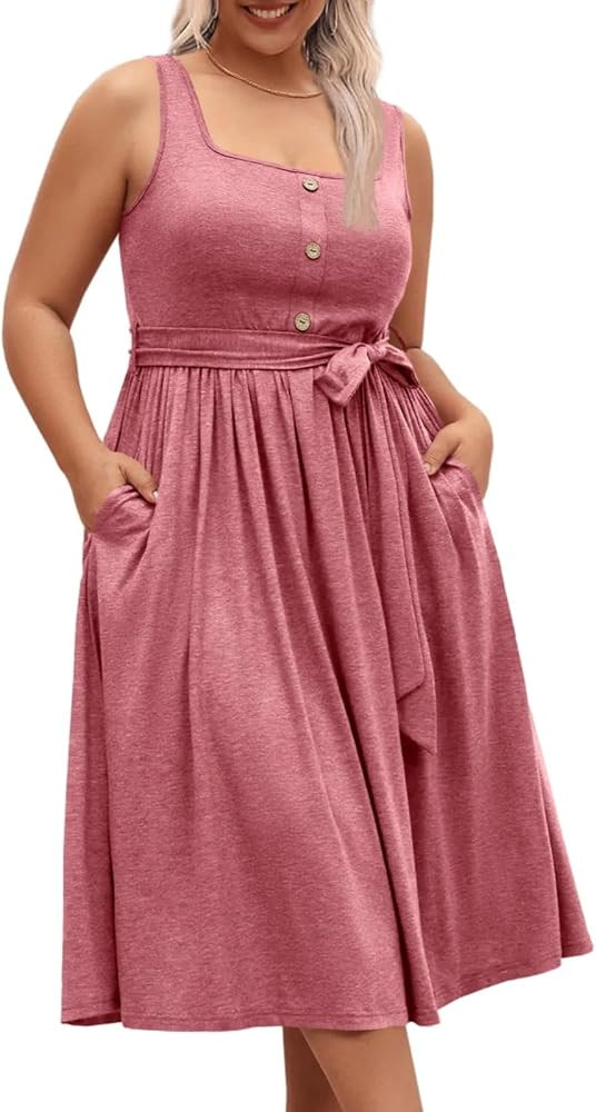 Beautife Womens Plus Size Summer Sleeveless A-Line Midi Dress with Pockets | Amazon (US)