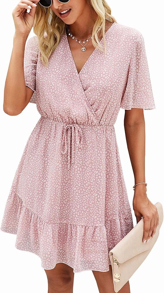 PDBQ Polka Dot Midi Modest Summer Dress for Women High Waist Short Sleeve with Belt | Amazon (US)