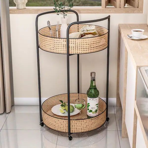 COZAYH Vintage Style Rattan Metal Bar Cart, Farmhouse Serving Cart with Wheels Rolling, Kitchen c... | Bed Bath & Beyond