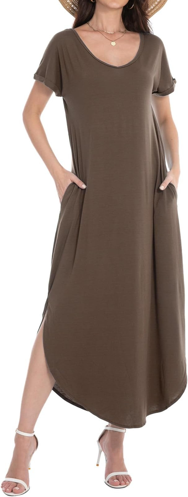 Matchstick Long Maxi Dresses for Women V-Neck Casual Loose Short Sleeve Sundress with Side Split ... | Amazon (US)