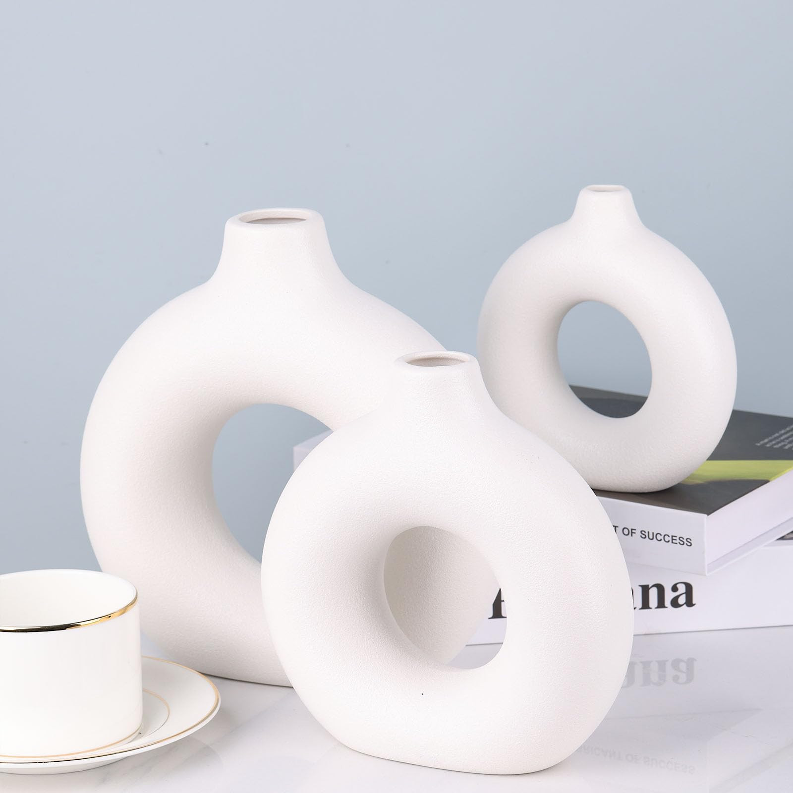 White Donut Vase Hollow Ceramic Vase for Flowers Handmade Minimalist Boho ins Style Modern Home Decor for Wedding Dinner Table Party Living Room Office Bedroom,Ceramic Vase Set of 3 | Amazon (US)