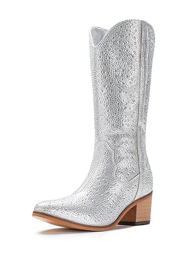 IUV Women Rhinestone Cowboy Boots Sparkly Western Cowgirl Boots Embroidered Knee High Chunky Heel Mid Calf with Side Zipper Silver 9.5 | Amazon (US)