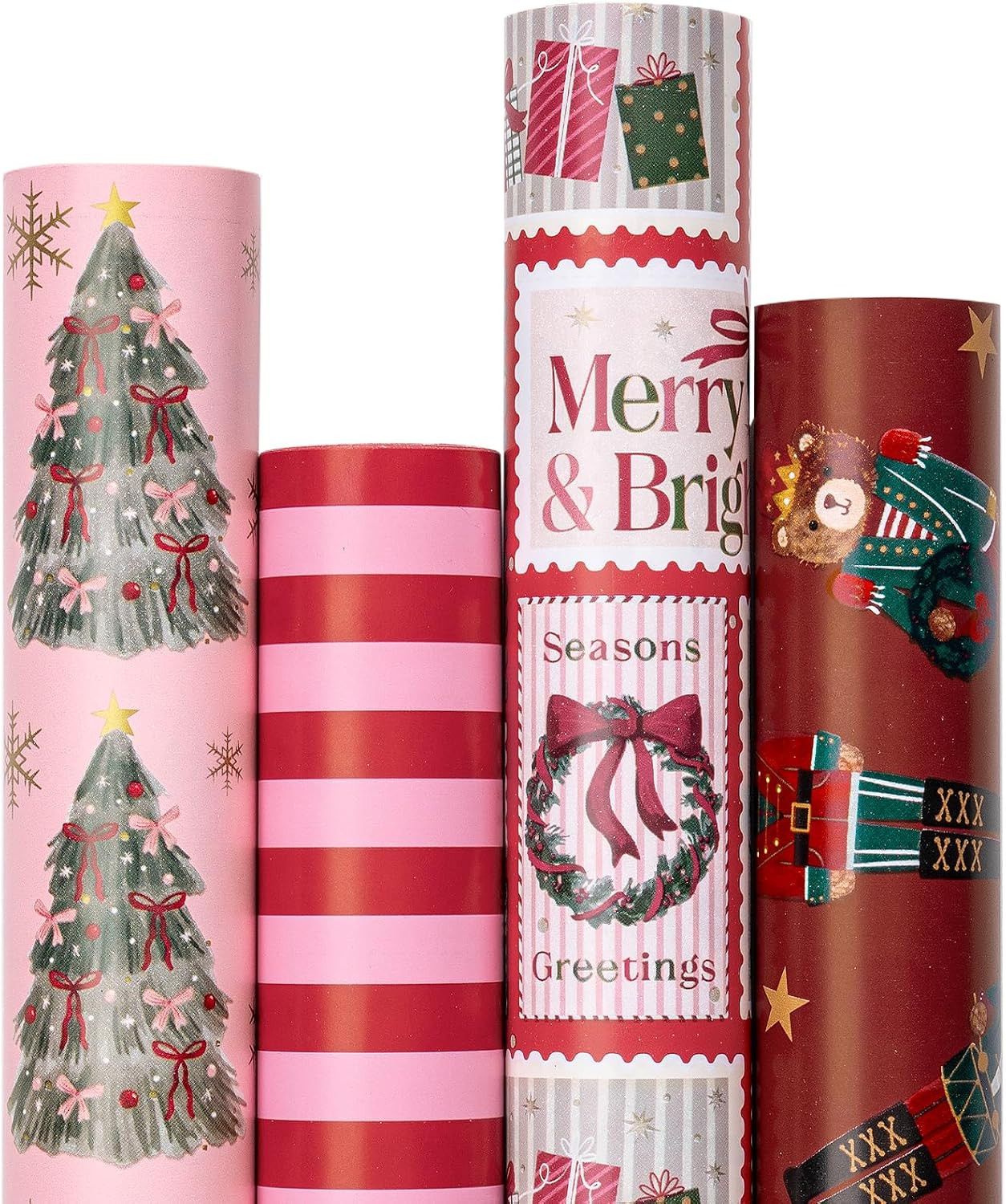 RUSPEPA Vintage Christmas Wrapping Paper Set, Red Pink Postage Stamp, Nutcracker Bear Soldier, Tree & Stripe Design Gift Wrap for Kids, Girls, Xmas Holiday, 4 Jumbo Rolls, 30 inches x 10 feet per Roll | Amazon (US)