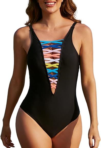 popvil One Piece Bathing Suit for Women Sexy Swimsuit Deep V Neck Hollow-Out Bathing Suit | Amazon (US)