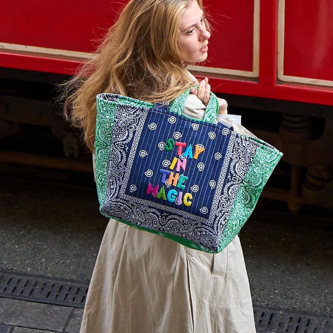 Hand Embroidered Quilted Tote Bag: Two Toned Bandana Fabric Maxi Handbag | Etsy (US)