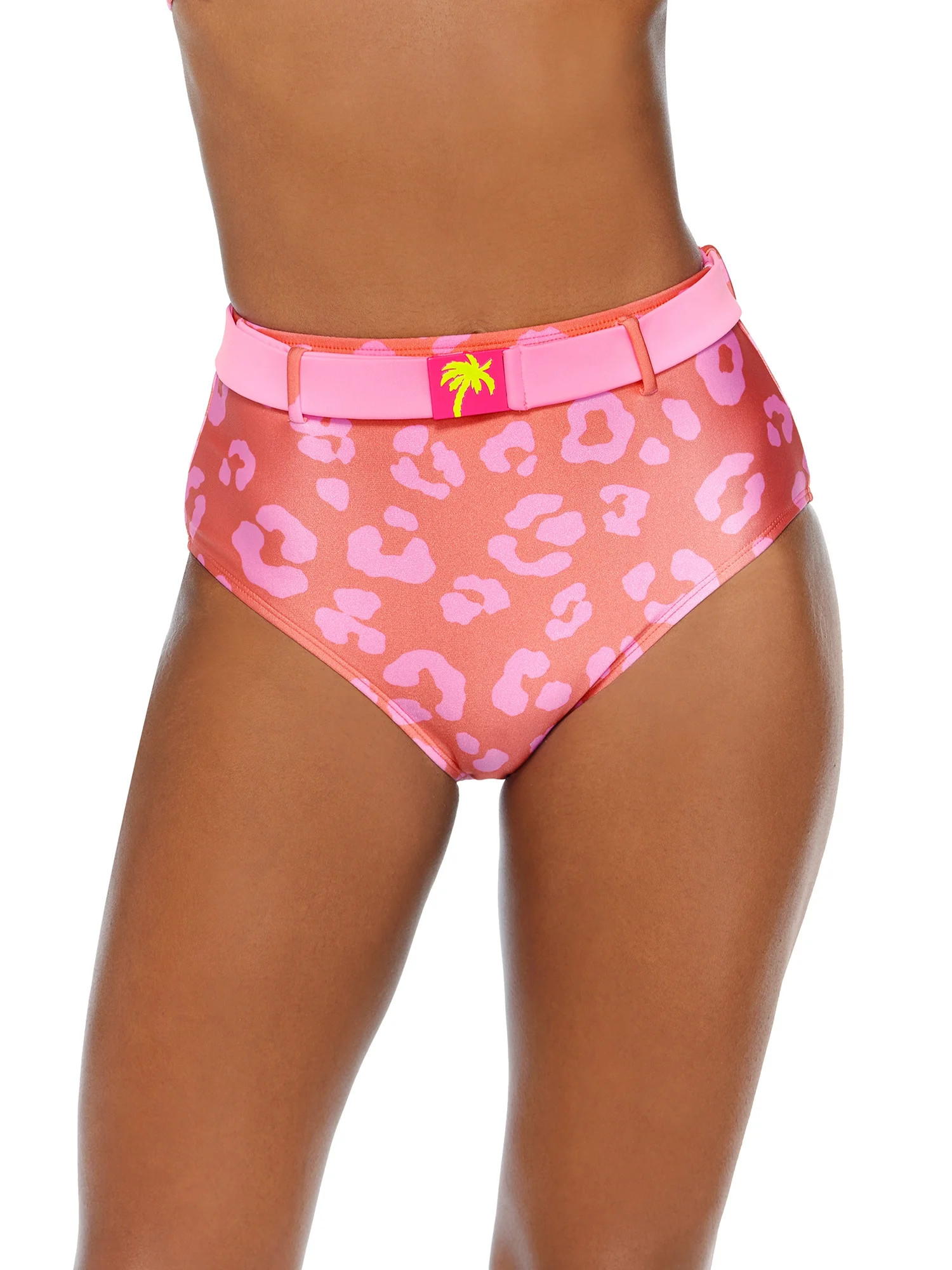No Boundaries Juniors Bold Leopard High Waisted Swim Bottoms With Palm Belt | Walmart (US)