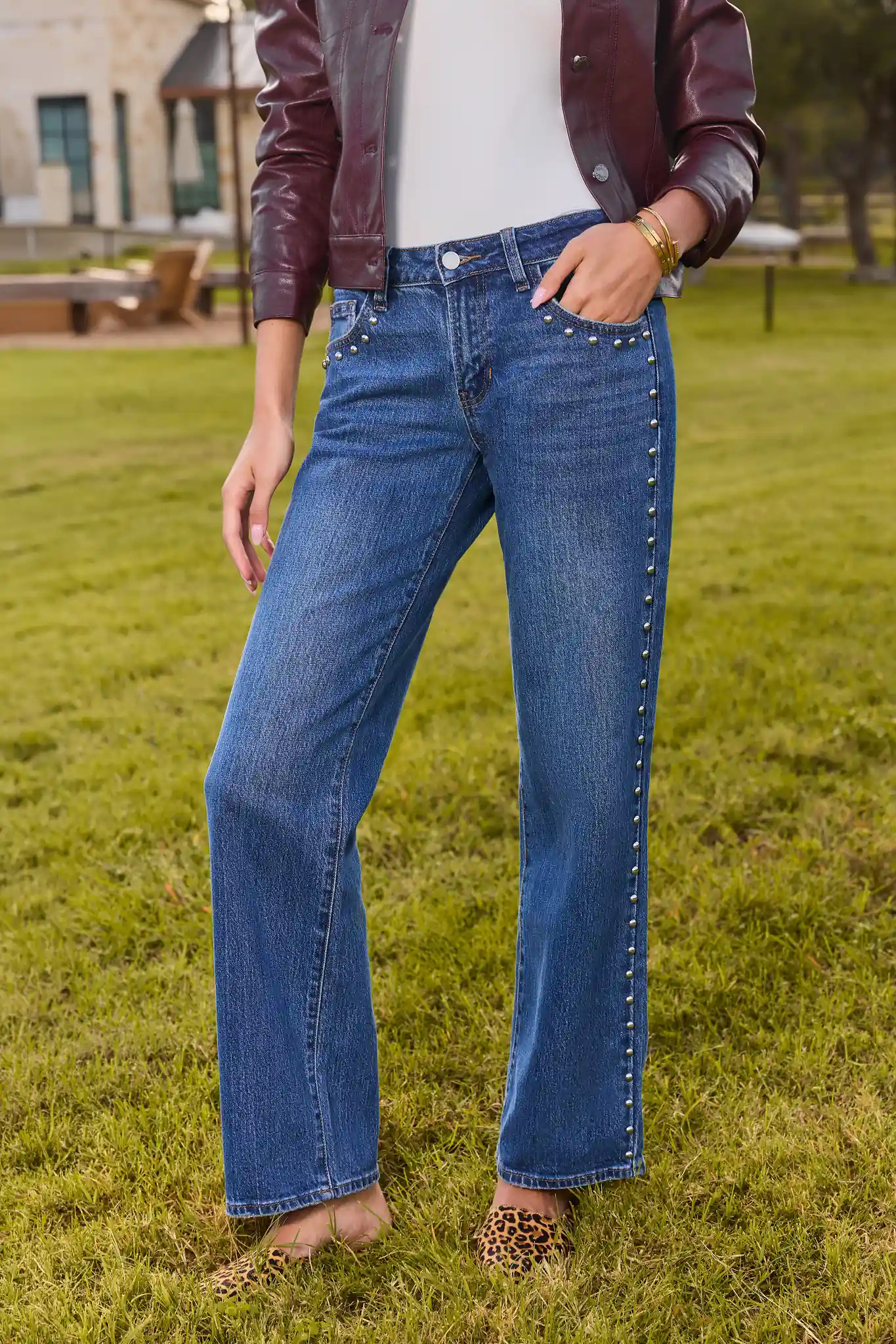 Medium Wash Straight Leg Studded Jeans | Avara