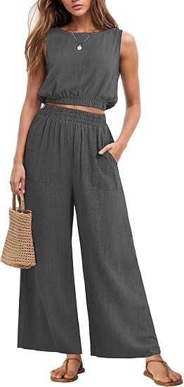 GRECERELLE Two Piece Sets for Women Sleeveless Crop Top Wide Leg Pants Sweat Set for Women Tracks... | Amazon (US)