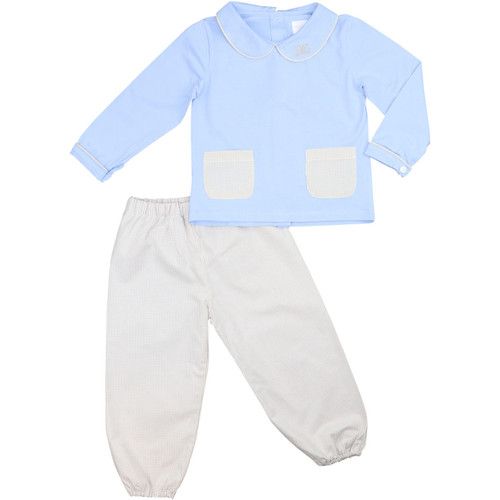 Blue And Khaki Gingham Pant Set | Cecil and Lou