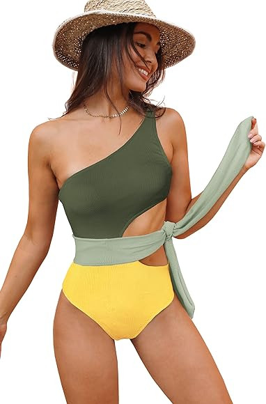 SPORLIKE Women One Piece Swimsuit One Shoulder Swimwear Ribbed Color Block Bathing Suit | Amazon (US)