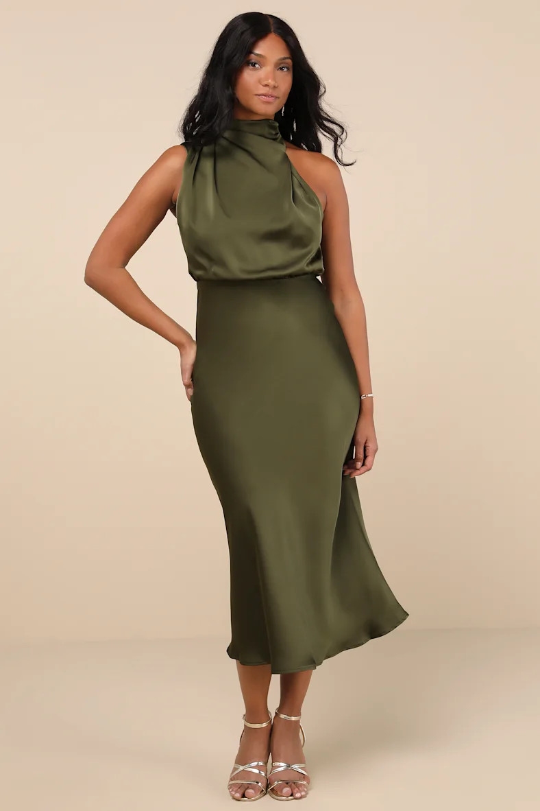 Distinctive Charm Olive Green Satin Asymmetrical Midi Dress | Lulus