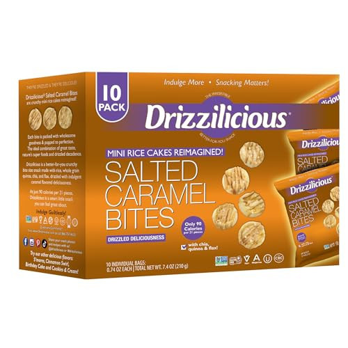 Drizzilicious Mini Flavored Rice Cakes Salted Caramel - Rice Crisps, Healthy Snack for Adults and Kids, Vegan, Gluten Free Snack, Allergen Free, Only 90 Calories Per Bag - 0.74 oz (Pack of 10) | Amazon (US)