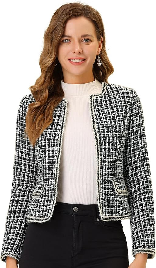 Allegra K Women's Plaid Tweed Blazer Long Sleeve Open Front Work Office Short Jacket | Amazon (US)