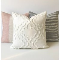 Light ivory white tile floral medallion embroidered geometric trellis decorative pillow cover | Etsy (US)